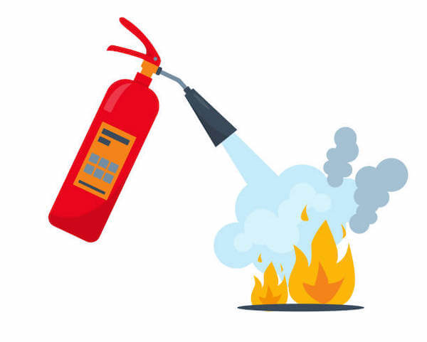 A graphic showing a fire extinguisher put out a fire.