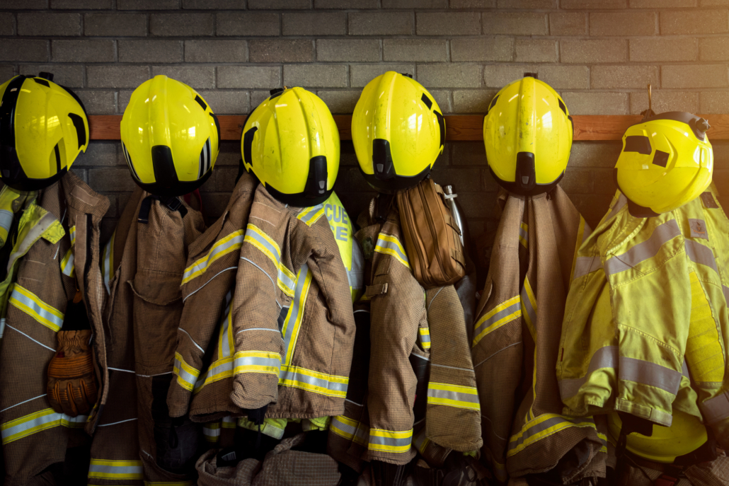 Firefighting gear including helmets, gloves, protection jacket and trousers